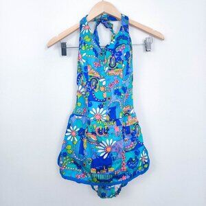 Vintage Psychadelic Florals Halter Onepiece Bathing Suit XS/S